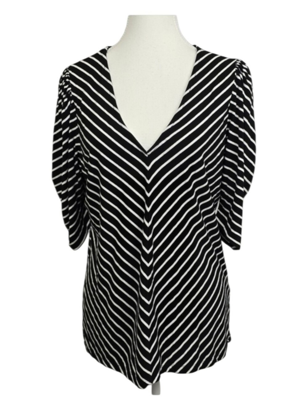Frame Denim Black & White Shirred Chevron V-Neck Puff Sleeve Blouse Sz L Office
